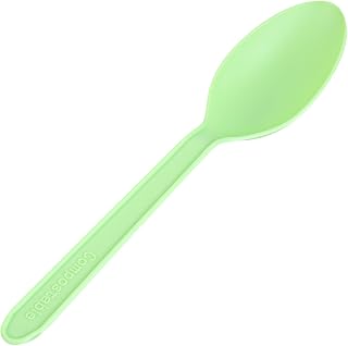 Basic Nature 5 Inch Tasting Spoons, 100 Disposable Dessert Spoons - Sustainable, Withstands Heat Up To 185F, Green CPLA Plastic Cake Spoons, Durable, Ideal For Large Events - Restaurantware