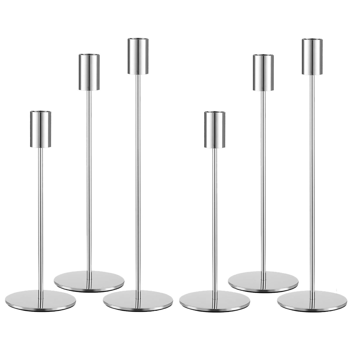 AUMAYCO Metal Taper Candle Holders, Set of 6 in Three Heights, Silver
