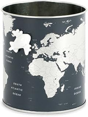 Balvi Globe Pencil Pot - Grey World Map, Includes Small Magnetic Airplane - Pewter - 10 x 8.5 x 8