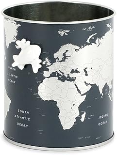 Balvi Globe Pencil Pot - Grey World Map, Includes Small Magnetic Airplane - Pewter - 10 x 8.5 x 8