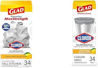Glad Trash Bags, ForceFlexPlus with Clorox 13G Tall Garbage Bags, Lemon Fresh Bleach, 34ct + Small Drawstring Garbage Bags with Clorox, 4G Grey Trash Bags, Lemon Fresh Bleach Scent, 34ct, (Bundle)