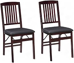 Furnifact Rubberwood Folding Chair with Mission Back and Padded Seat, Set of Two Cushioned Wooden Folding Dining Chairs for Kitchen, Brown