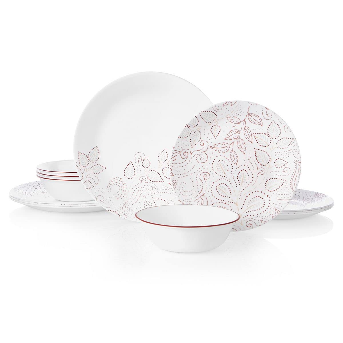 Leaf Stitch 12-Piece Dinnerware Set Service for 4 red by Corelle – Glass, White, Pack of 12, Model 3705