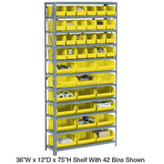 Open Bin Shelving w/8 Shelves & 14 Yellow Bins by Global Industrial – 12"L x 36"W x 73"H, Alloy Steel, Grey, Model 506206YL