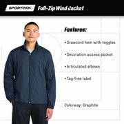 Unisex Full Zip Wind Jacket by SPORT-TEK – Medium, 100 % Polyester,Mesh, Black, Model JST70