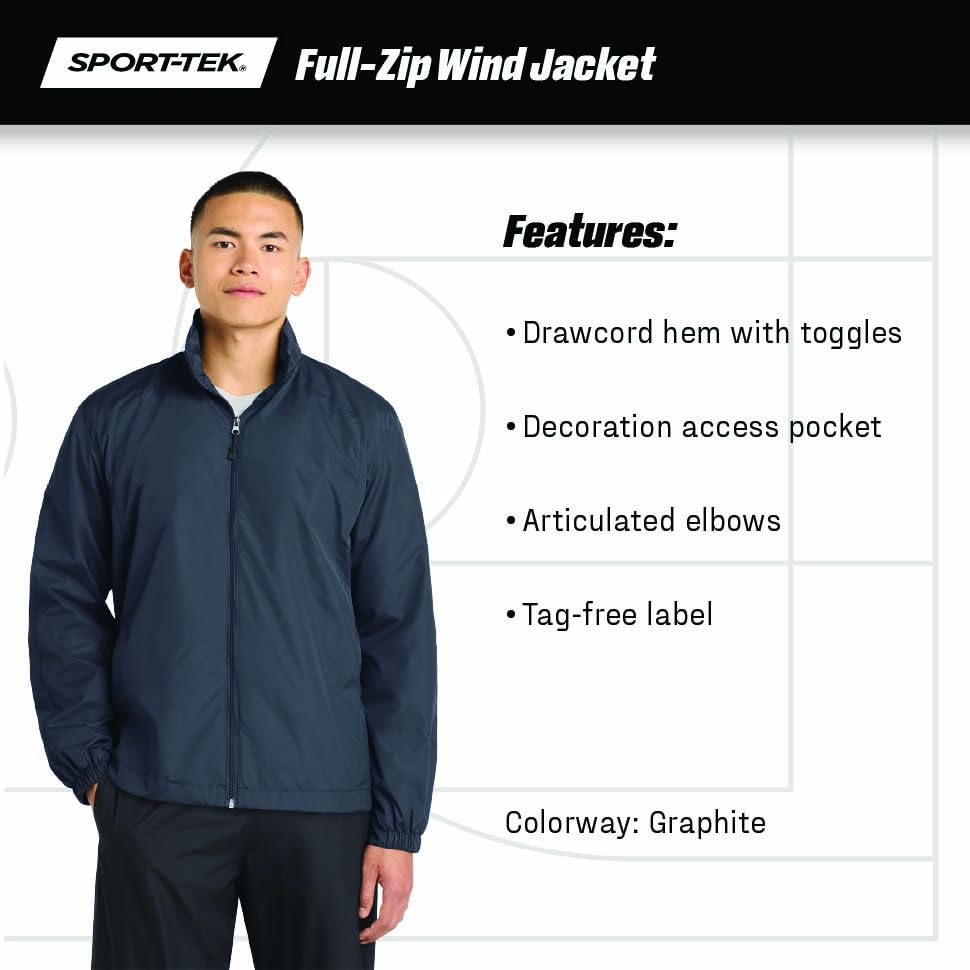 Unisex Full Zip Wind Jacket by SPORT-TEK – Medium, 100 % Polyester,Mesh, Black, Model JST70