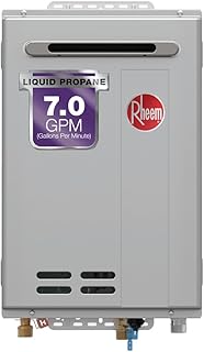 Rheem RTG Series 7.0 GPM Liquid Propane Tankless Water Heater Outdoor | 160,000 BTUs High Efficiency On Demand, Continuous Hot Water | Non-Condensing