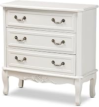 Furnifact White Provincial 3-Drawer Wooden Storage Cabinet, Classic Country Fir Wood Cabinet with MDF and Metal Hardware for Bedroom