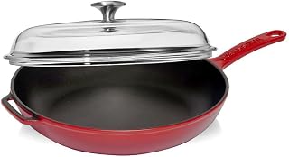 Chasseur Red Cast Iron Frying Pan with Lid of Glass (11-inch) - Handmade French Enamel Cookware for Even Heat & Nonstick Performance – Cast Iron Skillet for Searing, and Oven-to-Table Serving