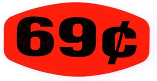 69¢ Price Label Red Grabber Grocery Store Labels Black Imprint - 1 3/8" L x 7/8" H 1000 Per Roll