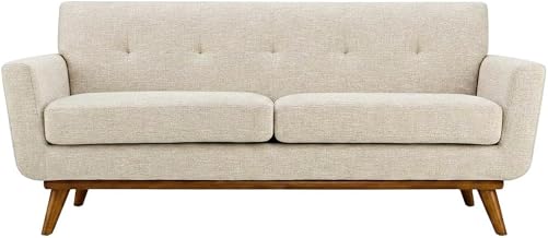 Furnifact Fabric-Upholstered Loveseat with Track Arms, Small Couch and Settee for Bedroom Office or Small Spaces, Beige