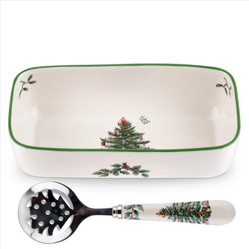 Spode Christmas Tree Cranberry Server with Spoon, Porcelain, Multicolor