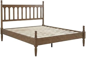 Furnifact Solid Wood Queen Bed Frame with Headboard, Traditional Platform Bedframe Queen Size Bedroom Furniture, Barnwood, Queen