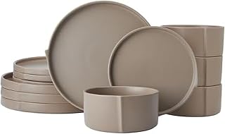 Pfaltzgraff Contemporary Edge 12 Piece Stoneware Dinnerware Set, Service for 4, Plate and Bowls with High Rims for Everyday use, Taupe
