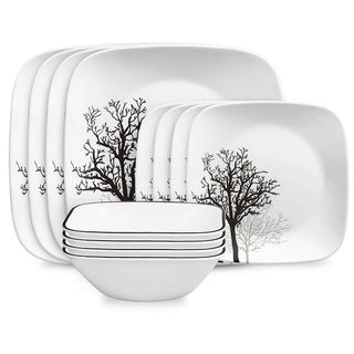 ® Timber Shadows Square 12-piece Dinnerware Set by Corelle – Glass, White, Pack of 12, Model 1147125