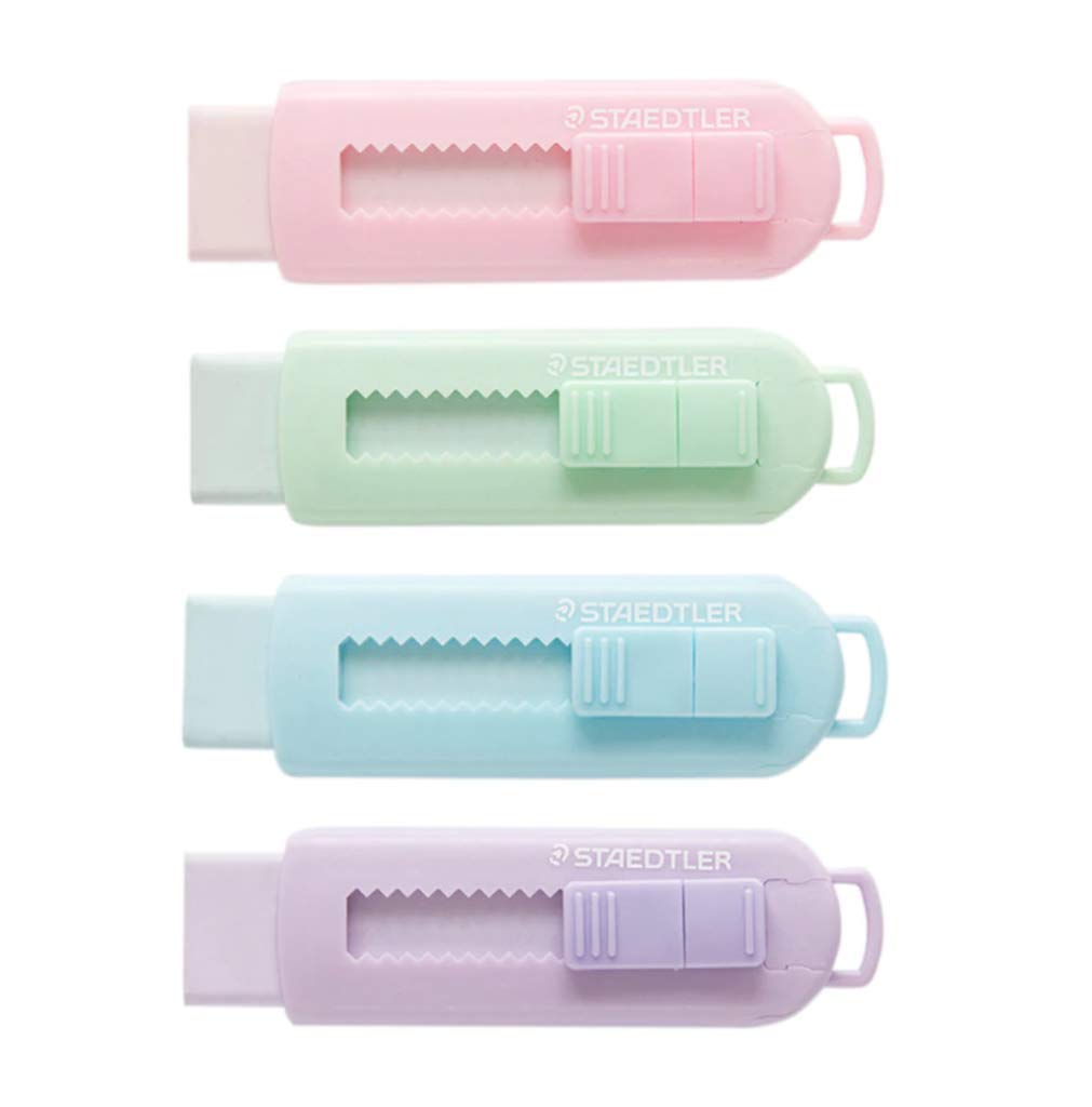 Sliding Retractable Pencil Eraser with Plastic Sleeve by STAEDTLER – 4 Count (Pack of 1), Plastic, Assorted,blue,green,pink