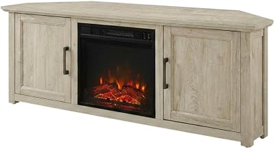 Furnifact Frosted Oak Camden Corner Fireplace TV Stand, for 65+ inch TVs, Modern Design, Spacious Storage, Durable, Suitable for Living Room Decor
