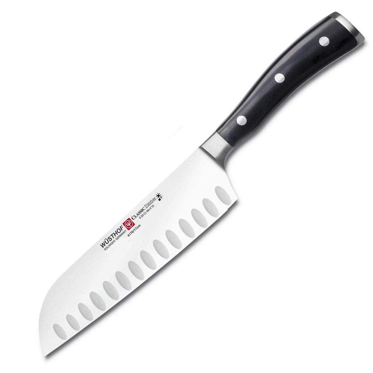 Classic IKON 5" Hollow Edge Santoku Knife by Wüsthof – 5", Steel, Black, Stainless, Model 4172