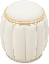 Michael Amini Camellia Field Round Bench Caramel Brown Upholstered Seat, Cozy Living Room, Lounge, Entryway, Stylish, Comfortable, Durable