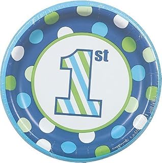 Creative Converting Sweet Stripes Boy 1st Birthday 7" Cake/Dessert Plates (8 ct)