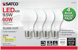 Satco 4.17 Inch 9.5W A19 LED Medium Base Replacement Lamp (Pack of 4)-3000 Color Temperature-Frosted Finish