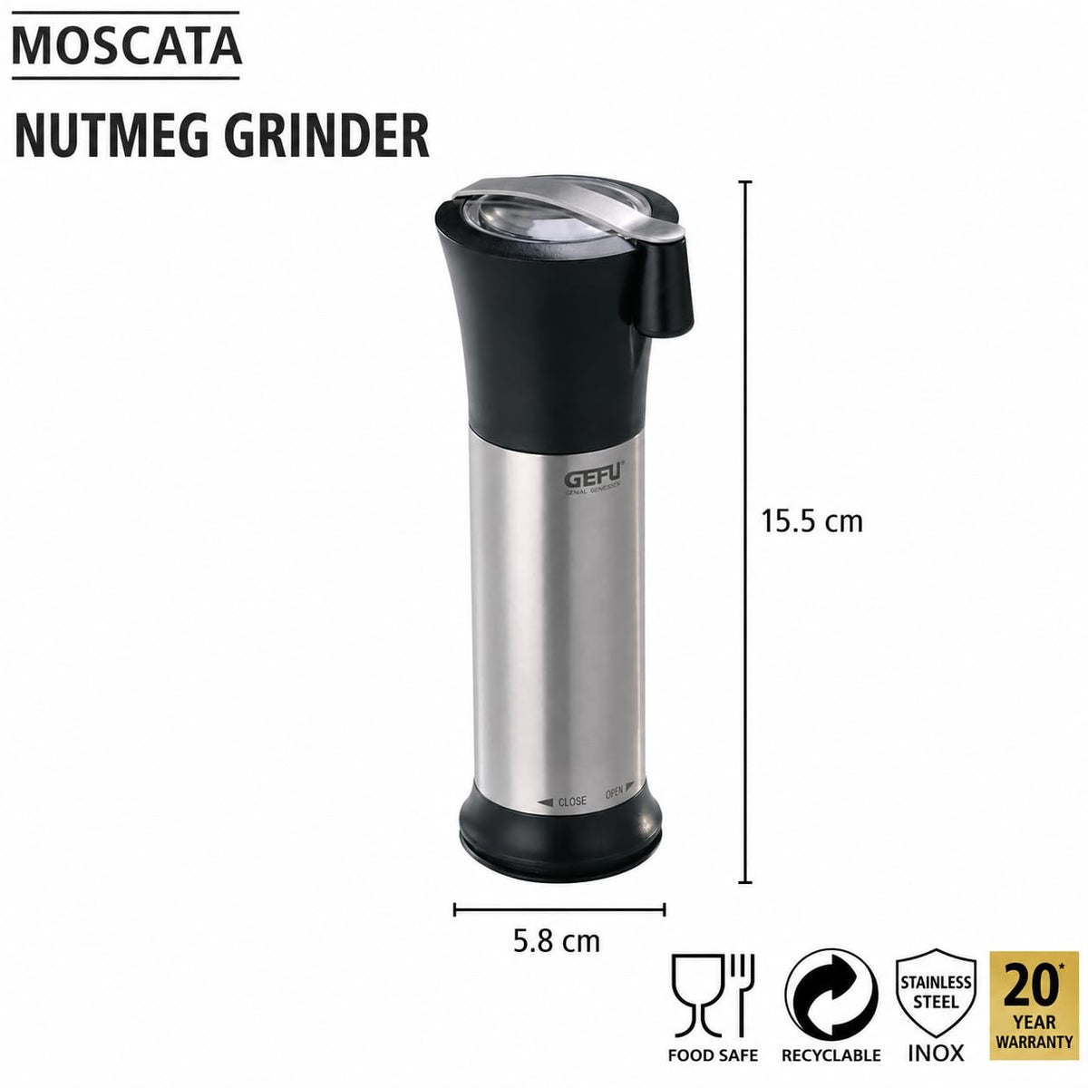 34670 Nutmeg Grater by GEFU – 18-8 Steel, Silver/Black, Model GF34670