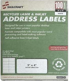 AbilityOne Label, Shipping, Recycled, Laser and Inkjet, White, 2" x 4", 100 Sheets 7530-01-514-4903: Box, 1 Item(s)