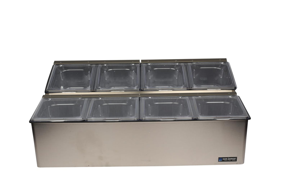 Ez-Chill Food Prep Center Self-Service with Hinged Lid for Bars by San Jamar – 4 Pans, 0.0 ounces, Stainless Steel, Stainless, Model FP8244FL