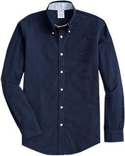 Brooks Brothers Men's Regent Fit The Original Polo Non Iron Stretch Oxford Shirt Solids Contrast (163760 Navy Blue, Large)