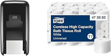OptiServe 2-Roll Coreless Toilet Paper Dispenser Black T7/T5, Vertical Dispenser, Elevation Design + Tork OptiServe Coreless Toilet Paper White T7, Universal, 2 Ply, 36 x 1000 Sheets