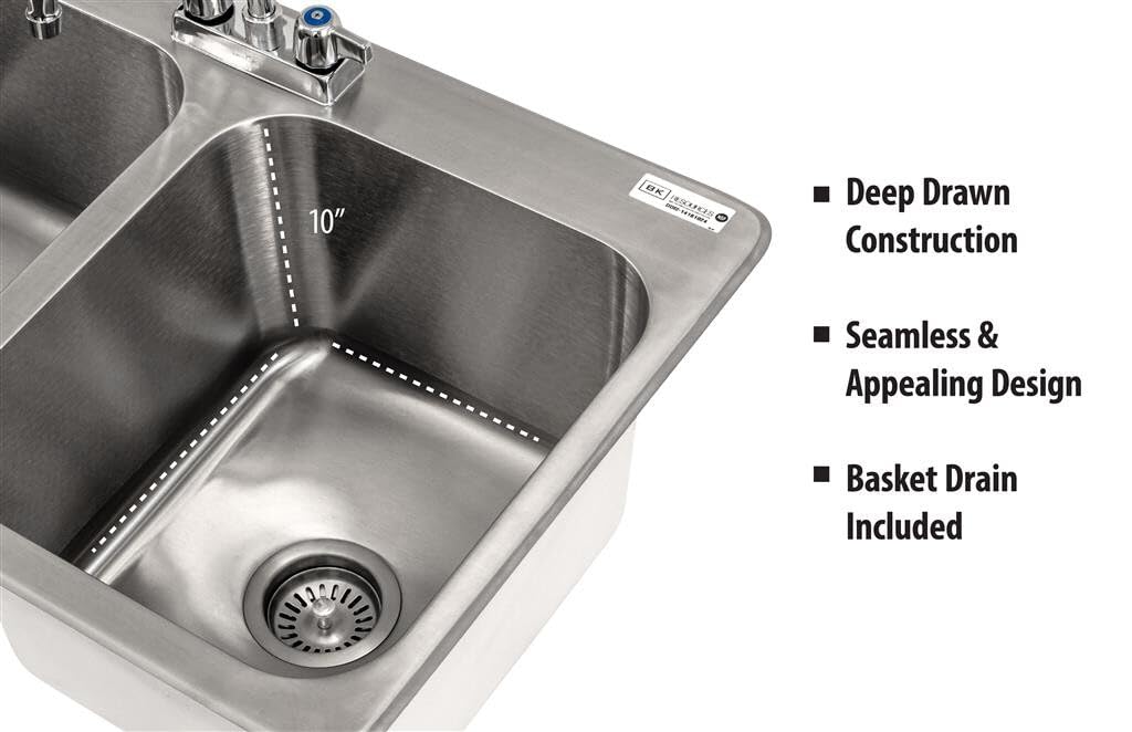 BK Resources NSF Commercial 2 Compartment Drop in Sink – 30 Inches, Stainless Steel, Silver, Model DDI2-14161024