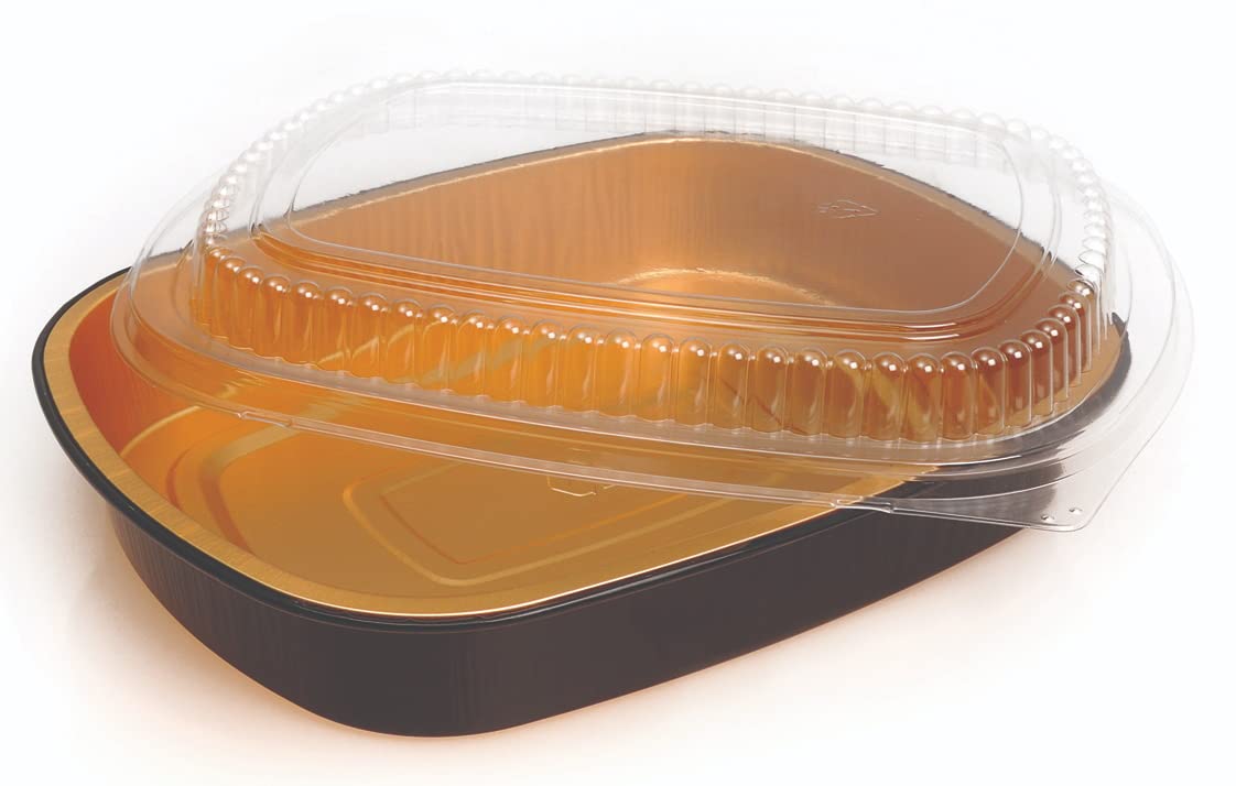 4 lb. (Lg) Oblong Black & Gold Aluminum Take-Out Pan w/Clear Dome Lid (pack of 10) by Handi-Foil – Large, 64.6 fluid_ounces, Aluminum, Black & Gold