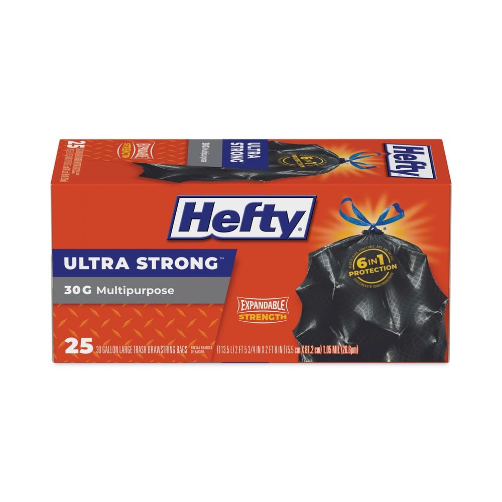 Ultra Flex 30 Gal. Large Trash Bags with Drawstring 25 ct (Pack of 6) by Hefty – 1 Count (Pack of 1), 30.0 gallons, Plastic, Black, Model E80627