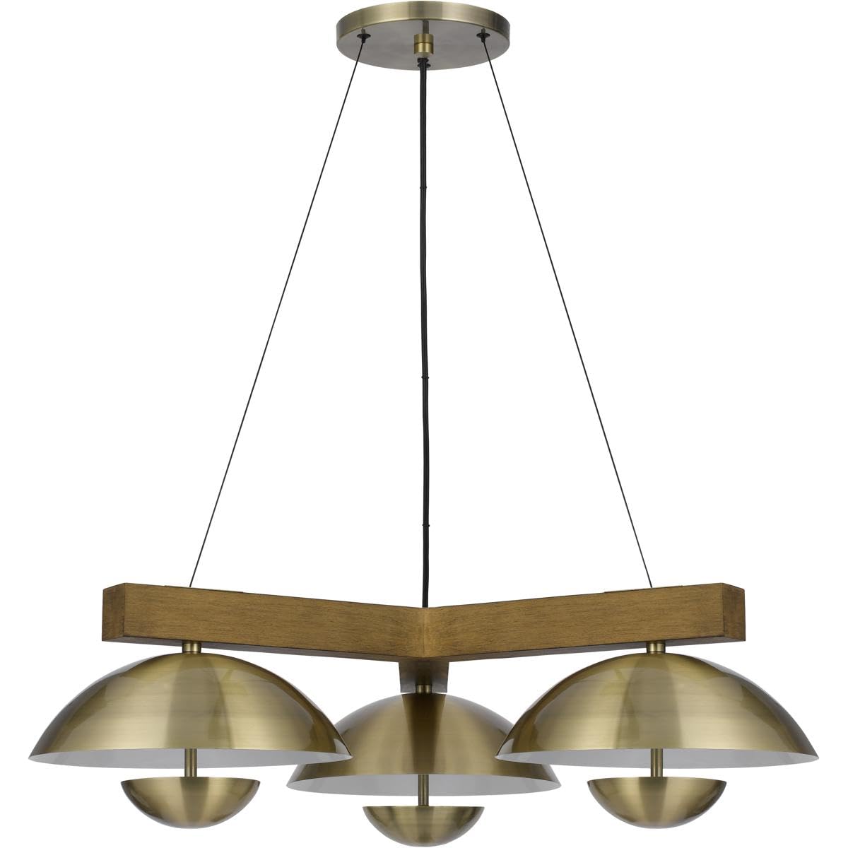 Lighting Lakeland 15W X 3 Intergrated Dimmable Led Metal/Rubber Wood Pendant Light with Half Domed Metal Shade by Cal – Metal, Antique Brass/Wood, Model FX-3801-3C