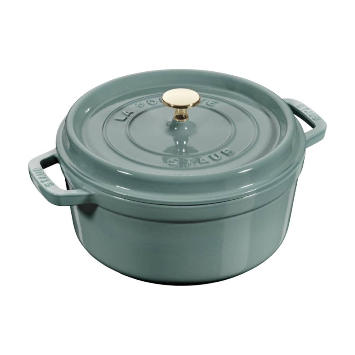 Cast Iron Round Cocotte 26 cm Eucalyptus by STAUB – 26 cm, 5.25 liters, eucalyptus, Model 11026121