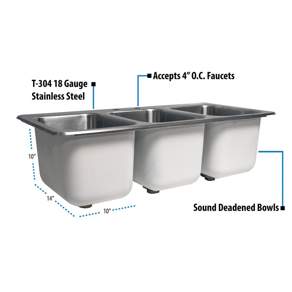 BK Resources NSF Commercial 3 Compartment Drop in Sink – 10 x 14 x 10 inches, Stainless Steel, Silver, Model DDI3-10141024