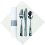 Hoffmaster 119956 Silver Metallic Cater Wrap Pre-rolled Linen-Like Napkin with heavyweight Knife, Fork and Spoon set (Each case has 100 pieces) (Pack of 100)