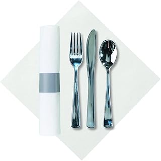 Hoffmaster 119956 Silver Metallic Cater Wrap Pre-rolled Linen-Like Napkin with heavyweight Knife, Fork and Spoon set (Each case has 100 pieces) (Pack of 100)