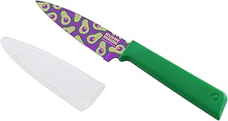 Kuhn Rikon Colori+ Non-Stick Straight Paring Knife with Safety Sheath, 4 inch/10.16 cm Blade, Funky Fruit Avocado