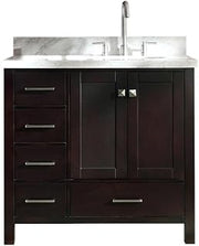 ARIEL Cambridge A037S-R-VO-ESP 37" Inch Single Right Offset Oval Sink Solid Hardwood Espresso Bathroom Vanity with 1.5" Inch Edge White Carrara Marble Countertop