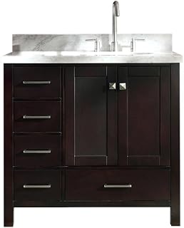 ARIEL Cambridge A037S-R-VO-ESP 37" Inch Single Right Offset Oval Sink Solid Hardwood Espresso Bathroom Vanity with 1.5" Inch Edge White Carrara Marble Countertop