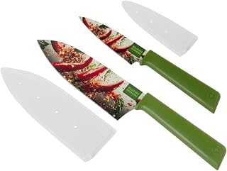 Kuhn Rikon COLORI+ Paring & Santoku Knife Set with Sheaths, 2-Piece Stainless Steel Kitchen Knife Set for Vegetables, Herbs & Meat, Hot & Spicy Limited Edition
