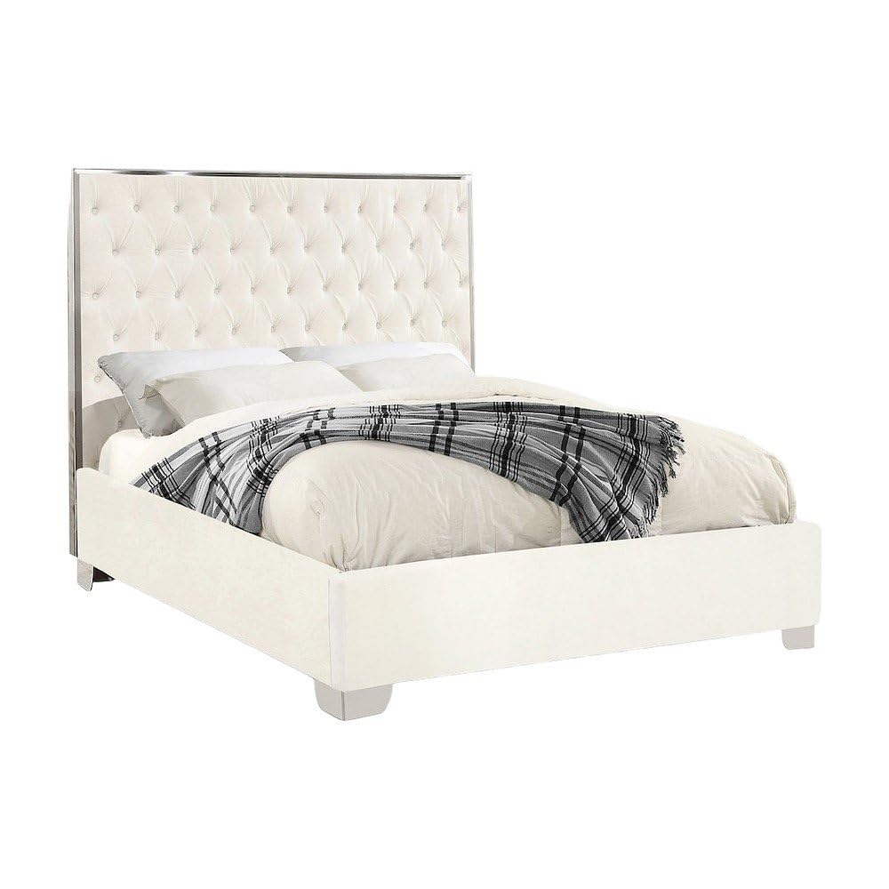 Starlight Canyon Home Fully Upholstered Platform Bed, Button-Tufted Velvet Queen Bed Frame with Headboard and Footboard for Bedroom, White Velvet