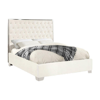 Starlight Canyon Home Fully Upholstered Platform Bed, Button-Tufted Velvet Queen Bed Frame with Headboard and Footboard for Bedroom, White Velvet