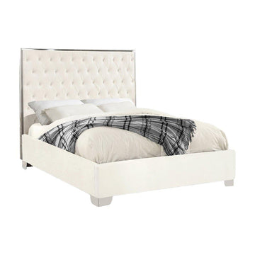 Starlight Canyon Home Fully Upholstered Platform Bed, Button-Tufted Velvet Queen Bed Frame with Headboard and Footboard for Bedroom, White Velvet