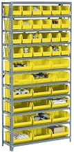 Global Industrial Open Bin Shelving w/8 Shelves & 28 Yellow Bins, 36x12x73