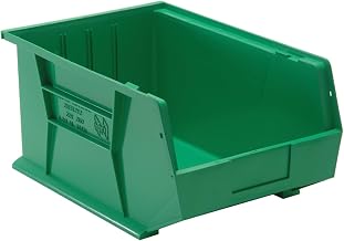 Quantum Storage QUS255GN Heavy-Duty Stackable Plastic Storage Bins for Workshop, Warehouse & Garage, Ultra Stack & Hang, 16" x 11" x 8", Green, 4-Pack
