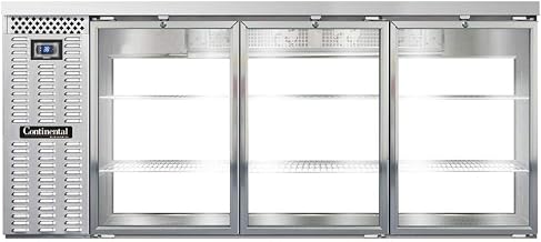 BBC79-SS-GD-PT Three Section Glass Door Refrigerated Pass-Thru Back Bar Cooler, 79" W x 34-3/4"H, Stainless Steel Exterior