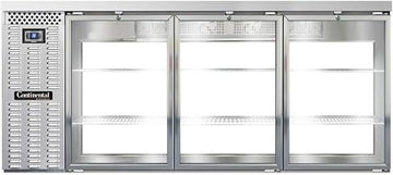 BBC79-SS-GD-PT Three Section Glass Door Refrigerated Pass-Thru Back Bar Cooler, 79" W x 34-3/4"H, Stainless Steel Exterior