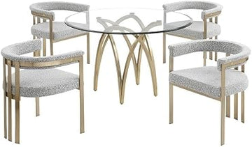 5pc Circle Clear Glass Dining Set & Boucle Fabric Chairs